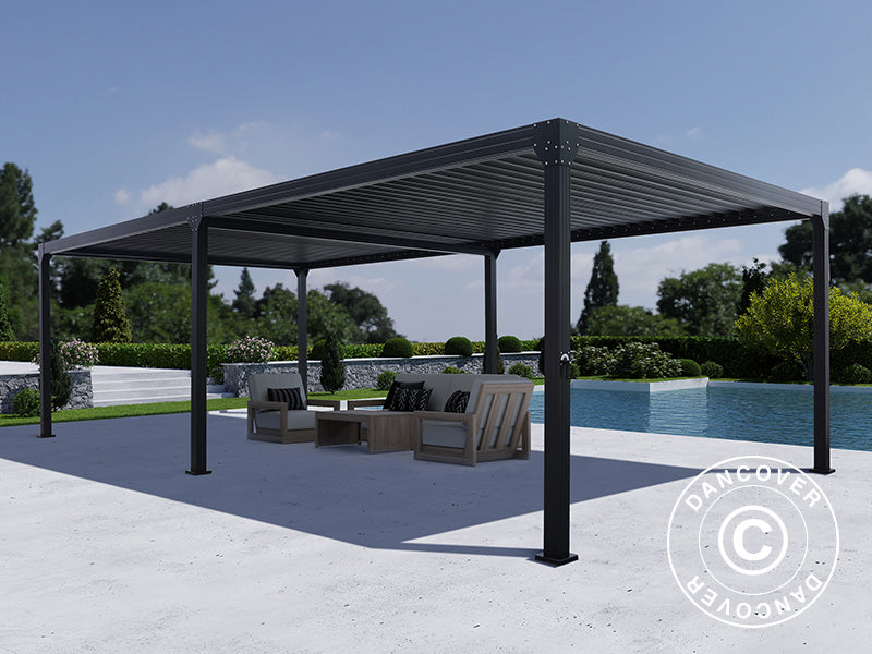 Bioklimatisk pergola-paviljong Monterey, 4x8m, m/gardiner og myggnett, Svart