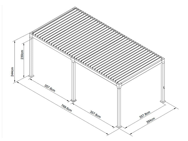 Bioklimatisk pergola-paviljong Monterey, 4x8m, m/gardiner og myggnett, Svart