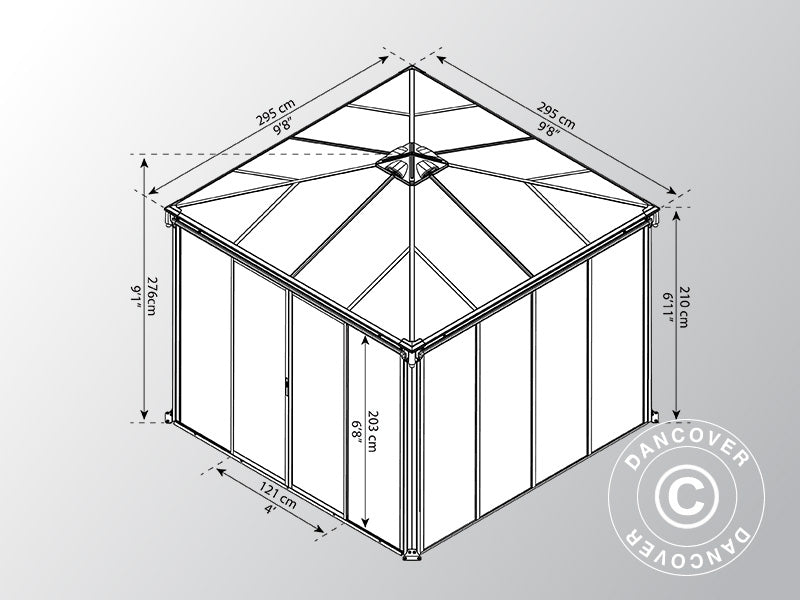 Oransjeri, paviljong LEDRO, 8,7m², Palram/Canopia, 2,95x2,95x2,76m, Grå