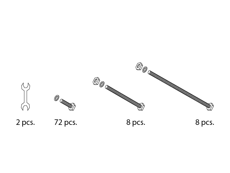 Skruer og mutre, 88 stk. + 2 fastnøkler
