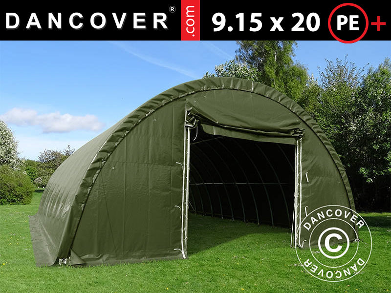 Rundbuehall 9,15x20x4,5m, PE m/hvitt takpanel, Grønn