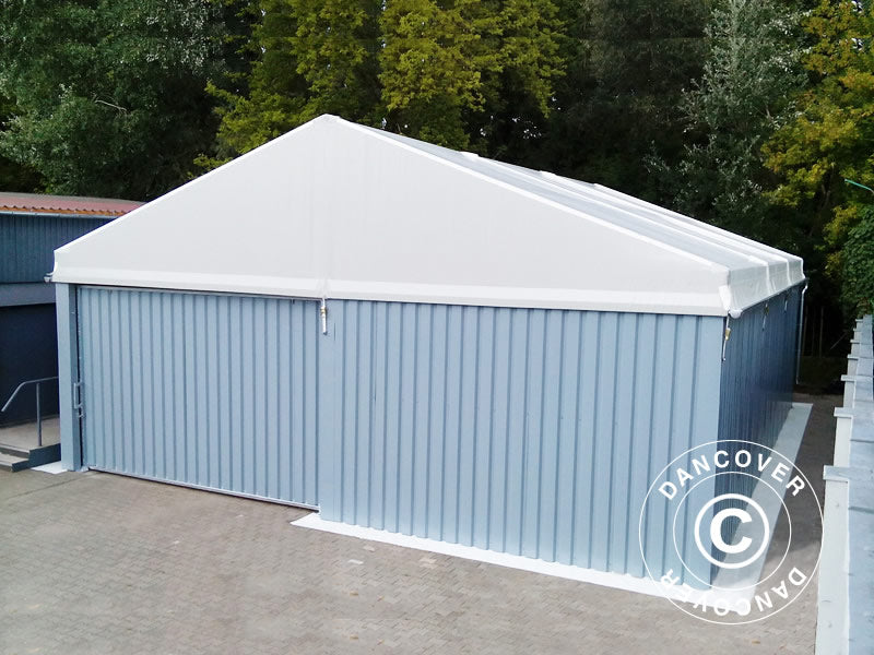 Industriell telthall Steel 12x12x6,18m m/skyveport, PVC/metall, hvit/grå