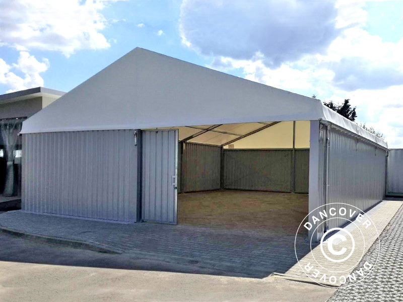 Industriell telthall Steel 12x12x6,18m m/skyveport, PVC/metall, hvit/grå