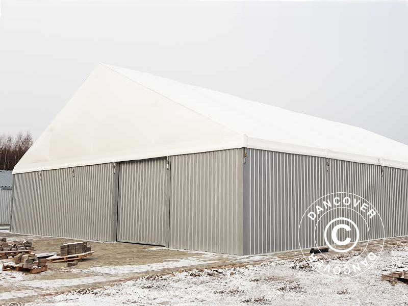 Industriell telthall Steel 15x15x6,73m m/skyveport, PVC/metall, hvit/grå
