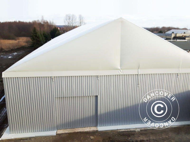 Industriell telthall Steel 15x15x6,73m m/skyveport, PVC/metall, hvit/grå
