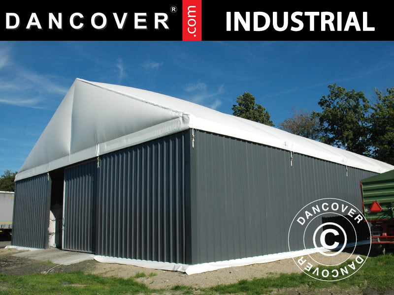 Industriell telthall Steel 15x30x6,73m m/skyveport, PVC/metall, hvit/grå