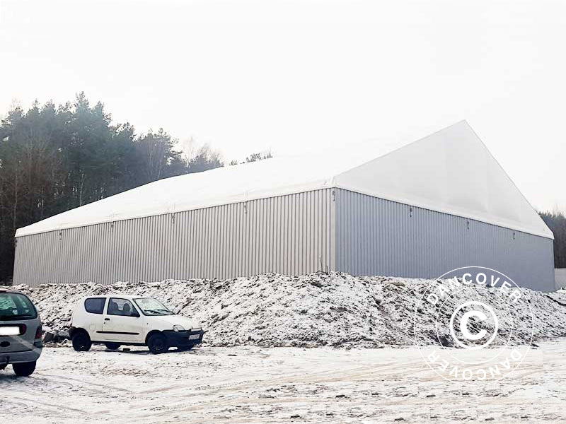 Industriell telthall Steel 15x30x6,73m m/skyveport, PVC/metall, hvit/grå