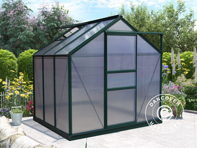 Drivhus polykarbonat 3,64m², 1,9x1,92x2,01m m/sokkel, Grønn
