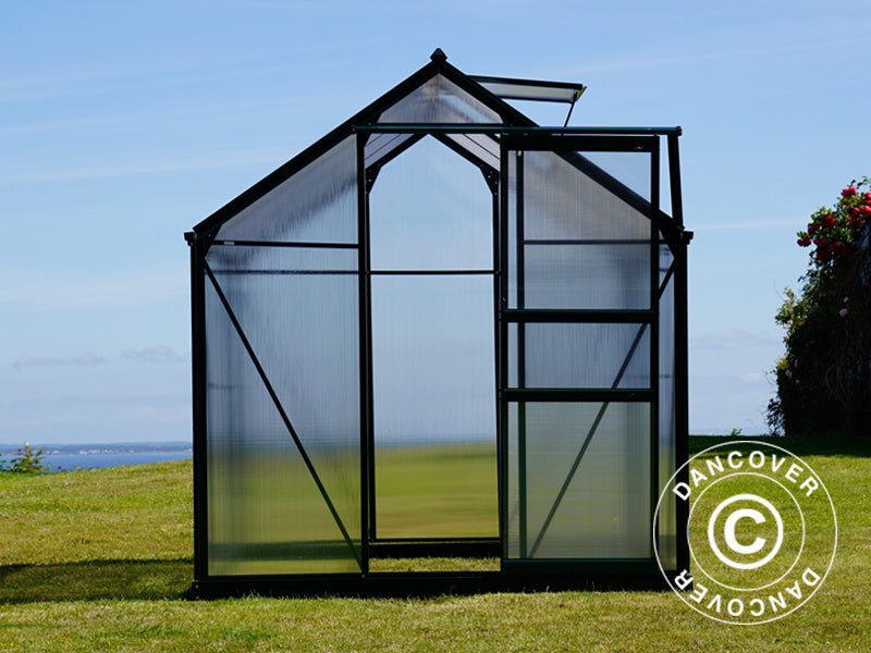 Drivhus polykarbonat 3,64m², 1,9x1,92x2,01m m/sokkel, Grønn