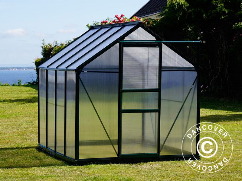 Drivhus polykarbonat 3,64m², 1,9x1,92x2,01m m/sokkel, Grønn