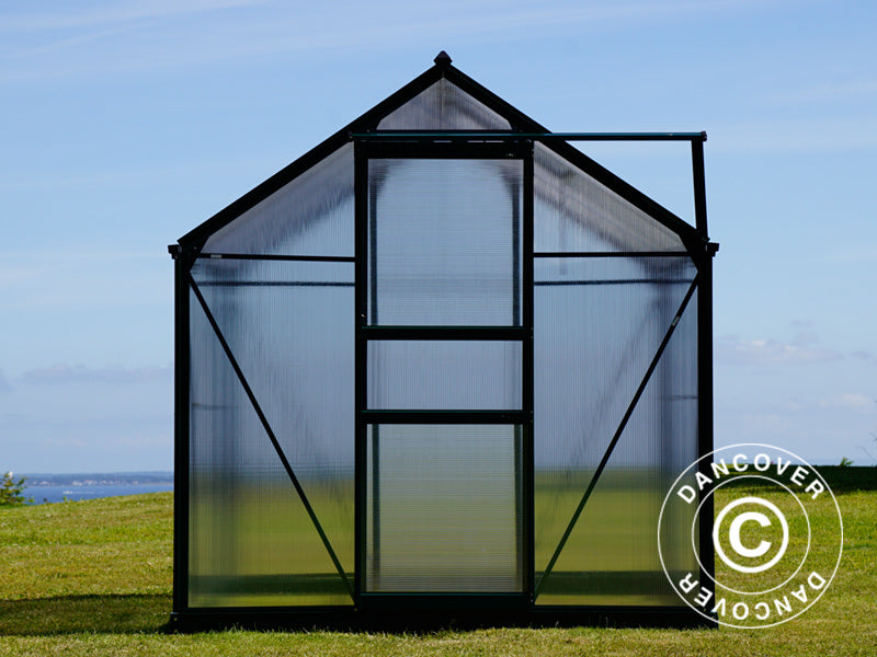 Drivhus polykarbonat 3,64m², 1,9x1,92x2,01m m/sokkel, Grønn