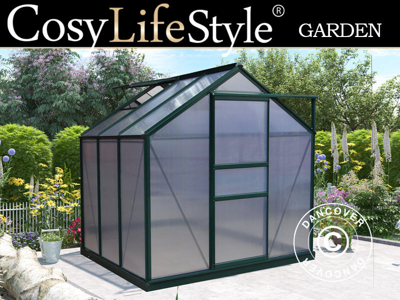 Drivhus polykarbonat 3,64m², 1,9x1,92x2,01m m/sokkel, Grønn