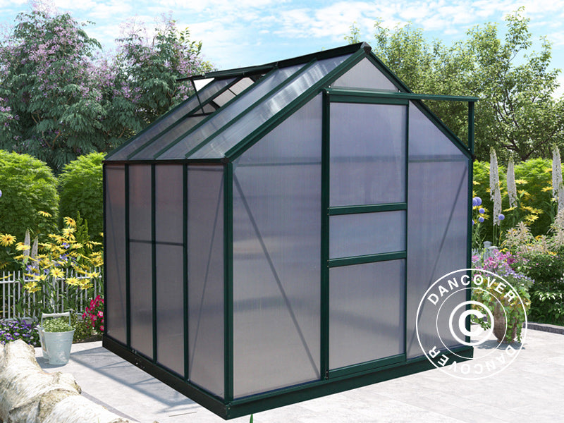 Drivhus polykarbonat 4,78m², 1,9x2,52x2,01m m/sokkel, Grønn