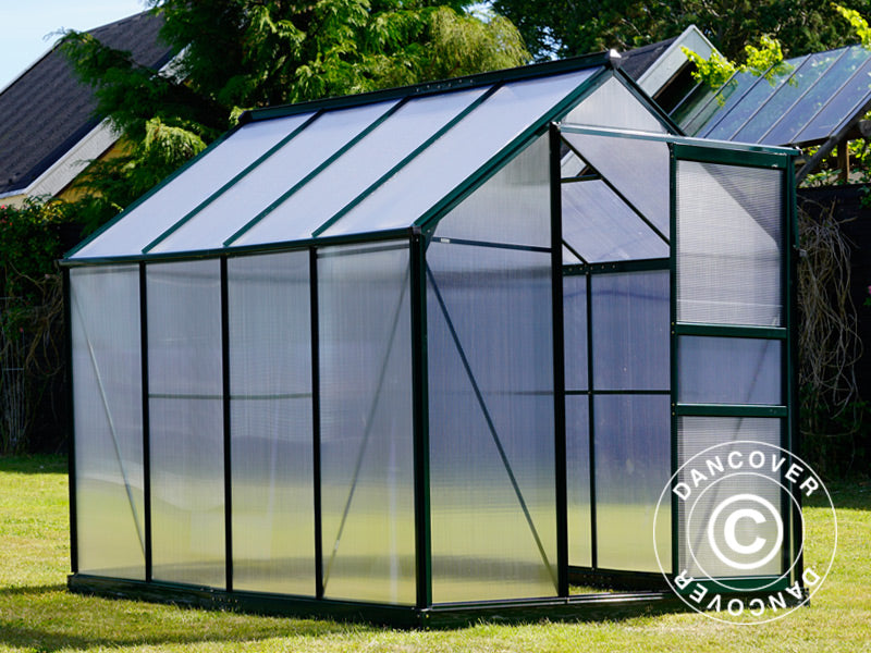 Drivhus polykarbonat 4,78m², 1,9x2,52x2,01m m/sokkel, Grønn