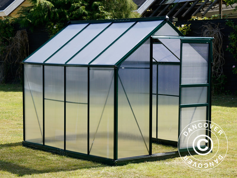 Drivhus polykarbonat 4,78m², 1,9x2,52x2,01m m/sokkel, Grønn