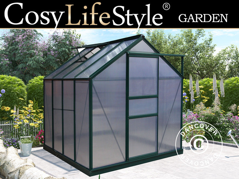 Drivhus polykarbonat 4,78m², 1,9x2,52x2,01m m/sokkel, Grønn