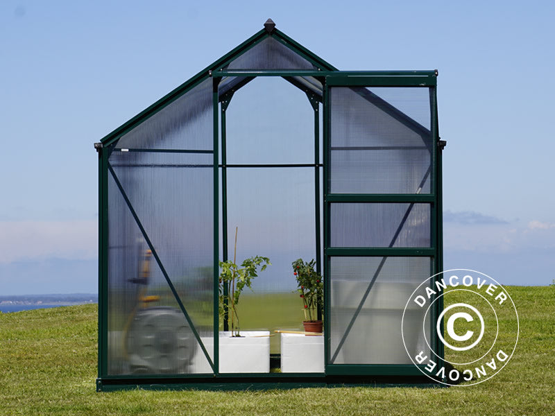 Drivhus polykarbonat 5,92m², 1,9x3,12x2,01m m/sokkel, Grønn