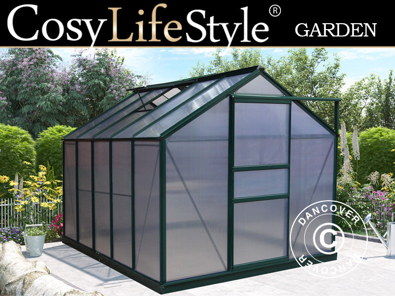 Drivhus polykarbonat 5,92m², 1,9x3,12x2,01m m/sokkel, Grønn