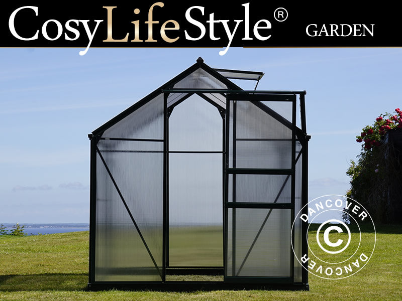 Drivhus polykarbonat 5,92m², 1,9x3,12x2,01m m/sokkel, Svart