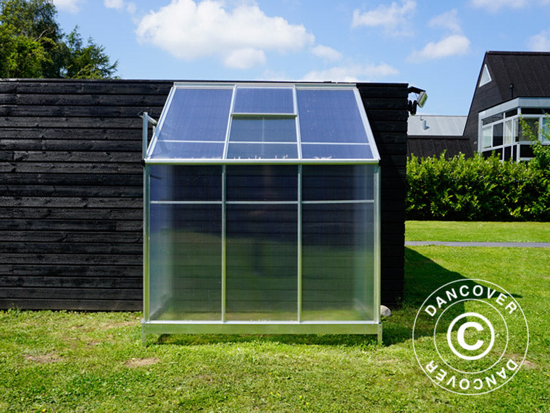 Veggdrivhus i polykarbonat, 2,4m², 1,25x1,92x2,21m m/sokkel, aluminium