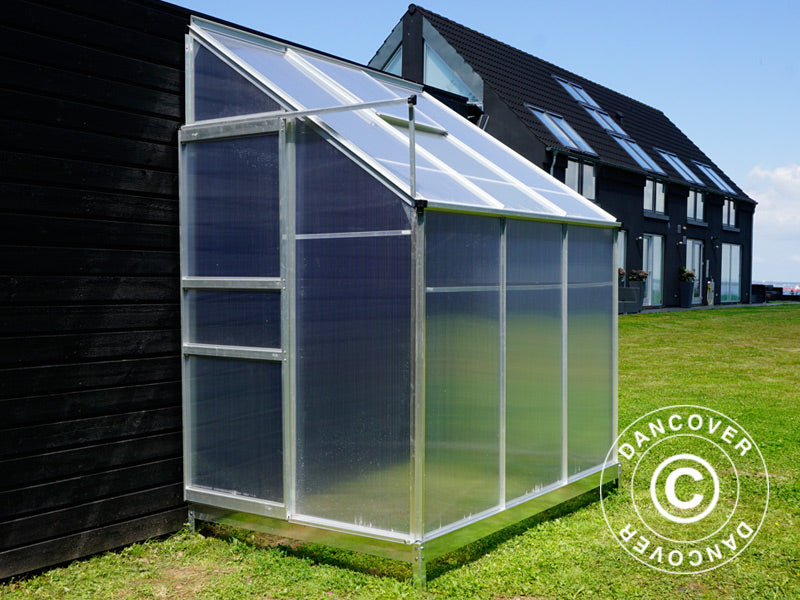 Veggdrivhus i polykarbonat, 2,4m², 1,25x1,92x2,21m m/sokkel, aluminium