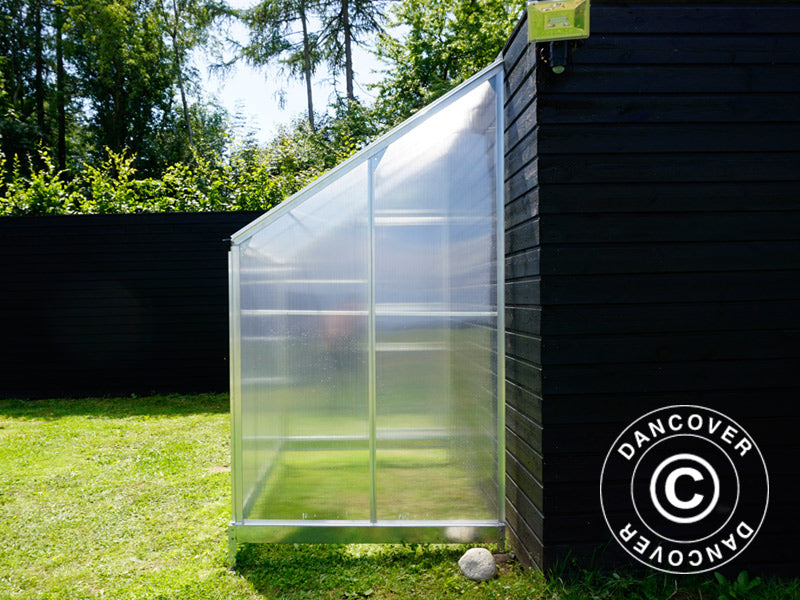 Veggdrivhus i polykarbonat, 2,4m², 1,25x1,92x2,21m m/sokkel, aluminium