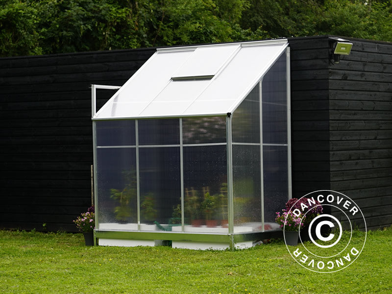 Veggdrivhus i polykarbonat, 2,4m², 1,25x1,92x2,21m m/sokkel, aluminium