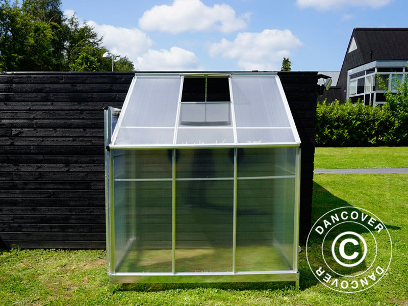 Veggdrivhus i polykarbonat, 2,4m², 1,25x1,92x2,21m m/sokkel, aluminium