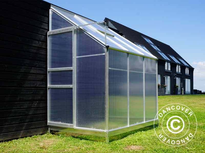 Veggdrivhus i polykarbonat, 2,4m², 1,25x1,92x2,21m m/sokkel, aluminium