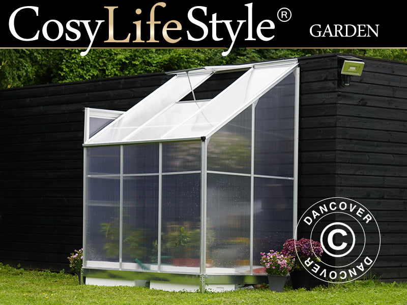 Veggdrivhus i polykarbonat, 2,4m², 1,25x1,92x2,21m m/sokkel, aluminium