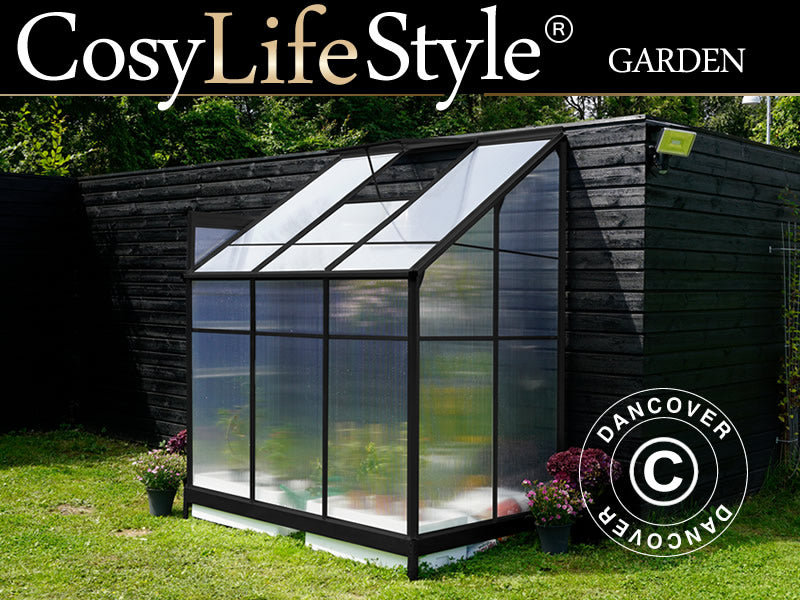 Veggdrivhus i polykarbonat, 2,4m², 1,25x1,92x2,21m m/sokkel, Svart