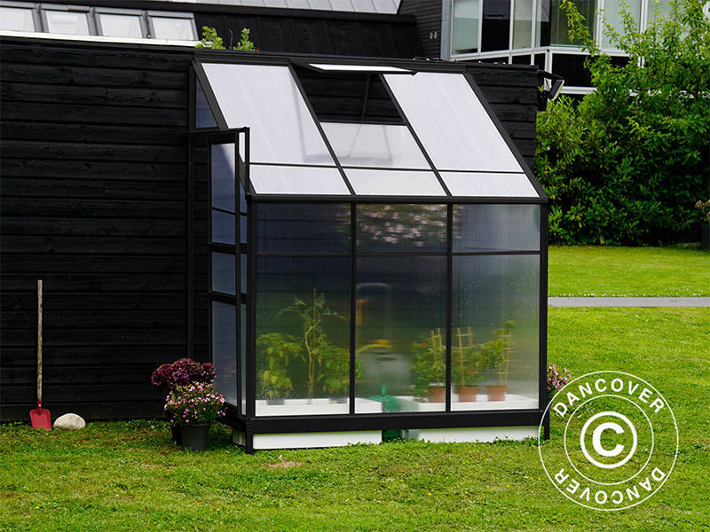 Veggdrivhus i polykarbonat, 2,4m², 1,25x1,92x2,21m m/sokkel, Svart