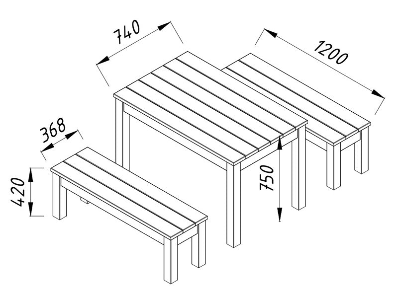 Trebord og benkesett, 0,74x1,2x0,75m, Naturlig