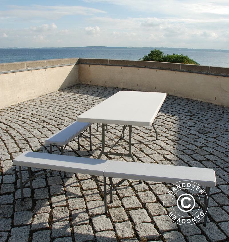 Festpakke med 1 klappbord (240cm) + 2 sammenleggbare benke (244cm)