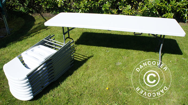 Festpakke, 1 klappbord (240cm) + 8 stoler, Lysegrå/Hvit