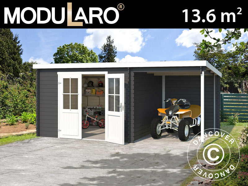 Redskapsbod i tre, Tartu m/overheng 4,81x2,92x2,11m, 28mm, Mørkegrå