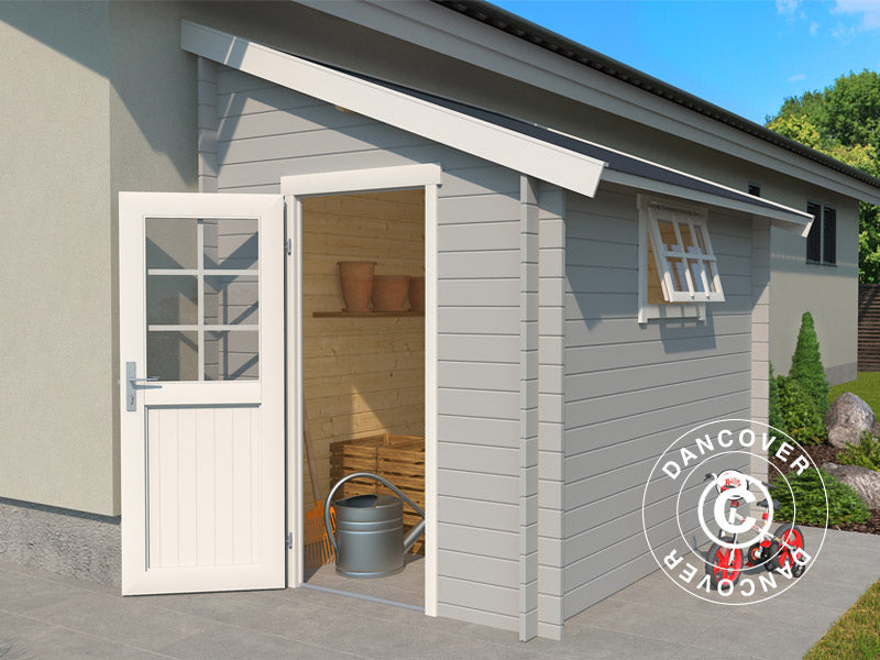 Redskapsbod mot vegg i tre, Vanda 1,8x2,75x2,68m, 28mm,&nbsp;4,7m²,&nbsp;Lysegrå