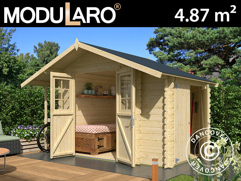 Redskapsbod i tre Moss m/overheng, 3,2x2x2,28m, 19mm,&nbsp;4,87m²,&nbsp;Naturlig