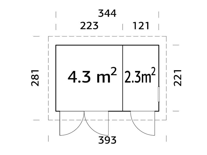 Redskapsbod i tre m/gulv, 3,44x2,21x2,49m, 6,6m2, Naturlig