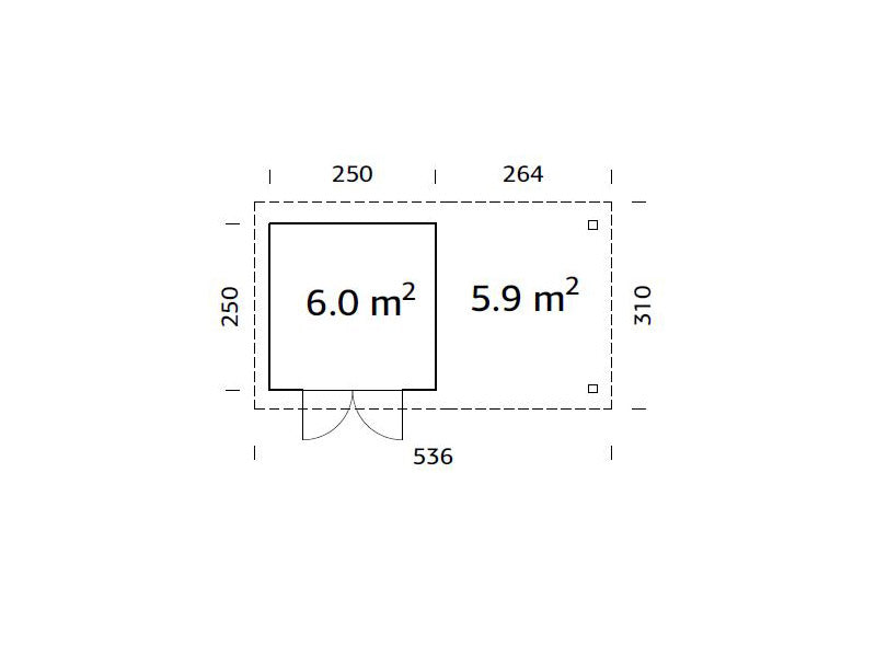 Redskapsbod i tre m/overheng, 2,5x4,87x2,21m, 6,0/5,9m², Naturlig