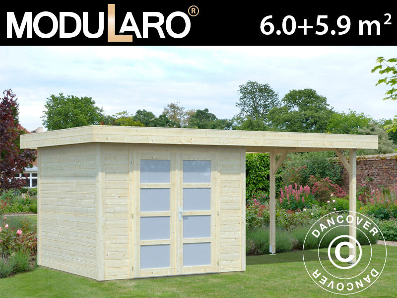 Redskapsbod i tre m/overheng, 2,5x4,87x2,21m, 6,0/5,9m², Naturlig