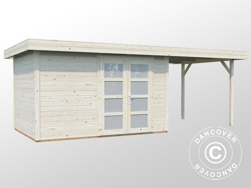 Redskapsbod i tre m/overheng, 2,5x5,87x2,21m, 8,4/5,9m², Naturlig