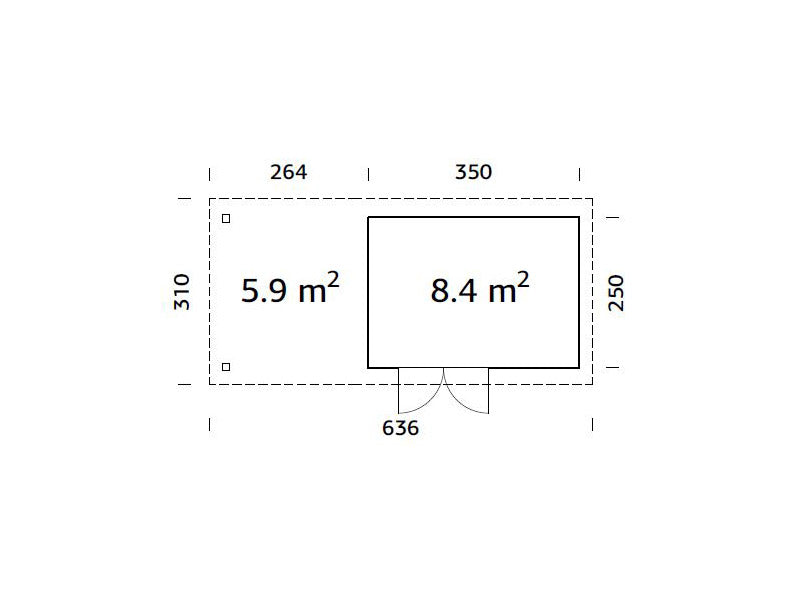 Redskapsbod i tre m/overheng, 2,5x5,87x2,21m, 8,4/5,9m², Naturlig
