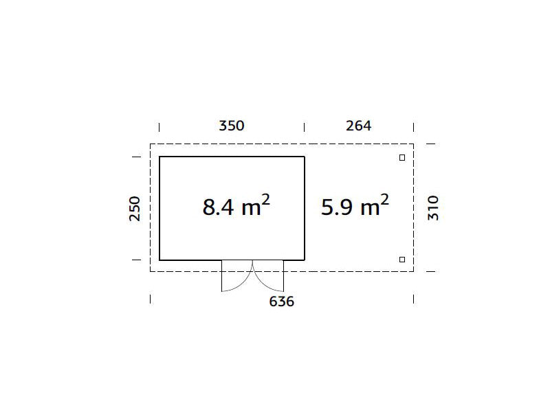 Redskapsbod i tre m/overheng, 2,5x5,87x2,21m, 8,4/5,9m², Naturlig