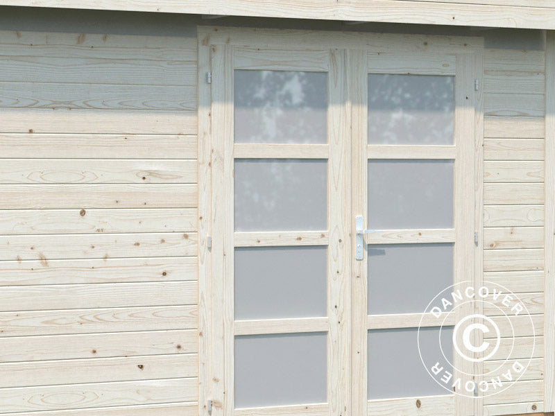 Redskapsbod i tre m/overheng, 2,5x5,87x2,21m, 8,4/5,9m², Naturlig