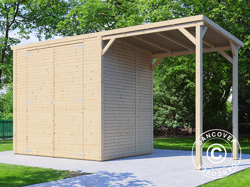Wooden shed w/overhang, Bertilo Cubico 2Plus, 3,73x1,57x2,08m, 2,43m&sup2; + 3,37m&sup2;, Natural