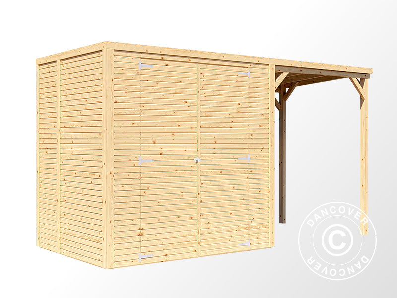 Wooden shed w/overhang, Bertilo Cubico 2Plus, 3,73x1,57x2,08m, 2,43m&sup2; + 3,37m&sup2;, Natural