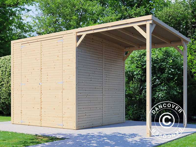 Wooden shed w/overhang, Bertilo Cubico 3Plus, 3,73x2,02x2,08m, 4,3m&sup2;+1,5m&sup2;, Natural