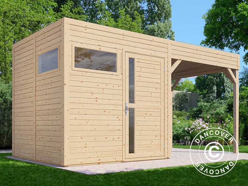 Wooden shed w/overhang, Bertilo Cubus 2L, 4,49x2,34x2,32m, 5,1m&sup2;+5,15m&sup2;, Natural