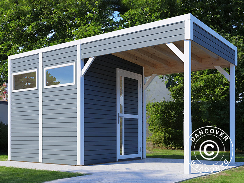 Wooden shed w/overhang, Bertilo Cubus 2L, 4,49x2,34x2,32m, 5,1m&sup2;+ 5,15m&sup2;, Grey